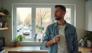A man standing in his kitchen, lost in thought while holding a cup of coffee