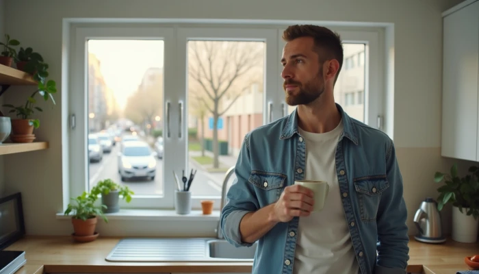 A man standing in his kitchen, lost in thought while holding a cup of coffee