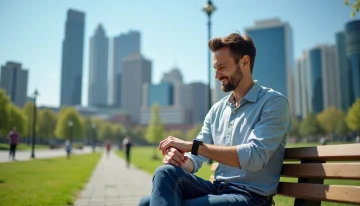 A man checking his watch on a park bench