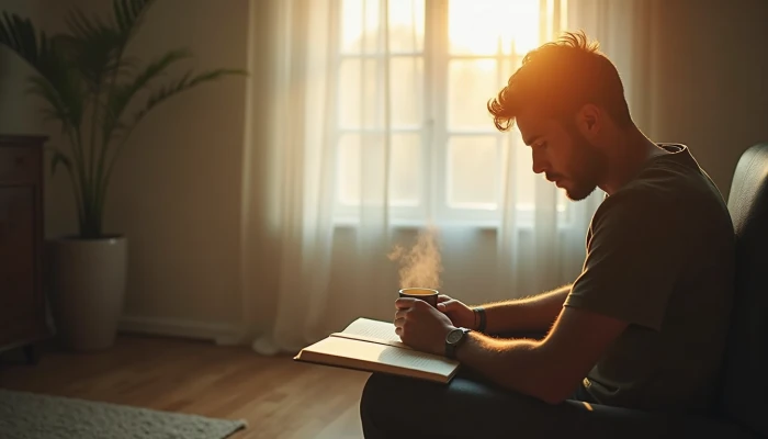 A man in a neutral setting with a journal, tea, and sunlight, suggesting reflection and emotional engagement.