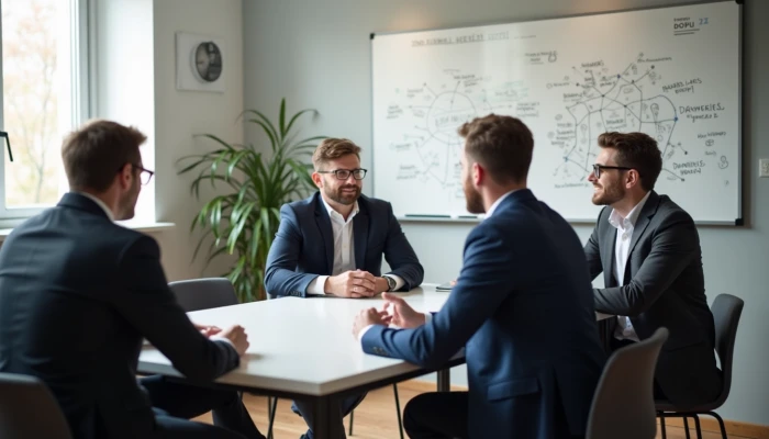 Men in an office discussing mental health support