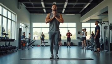 A man performing deep breathing exercises in a modern gym