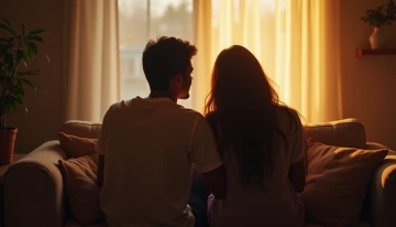 Two people sitting together on a couch in a softly lit room, sharing a quiet, supportive moment. A potted plant is visible on the nearby table, adding a sense of calm and growth to the scene.