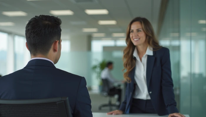 A coworker approaching another man at his desk in an office setting