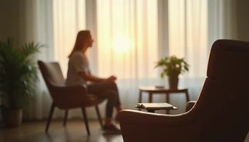A man sitting in a comfortable chair in a softly lit room, with a plant and a notebook on the table, symbolizing support and mental health care