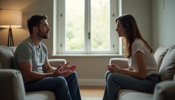A man and a woman engaged in a calm conversation in a living room