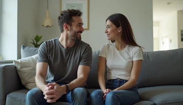 A man and his partner sitting together in a living room