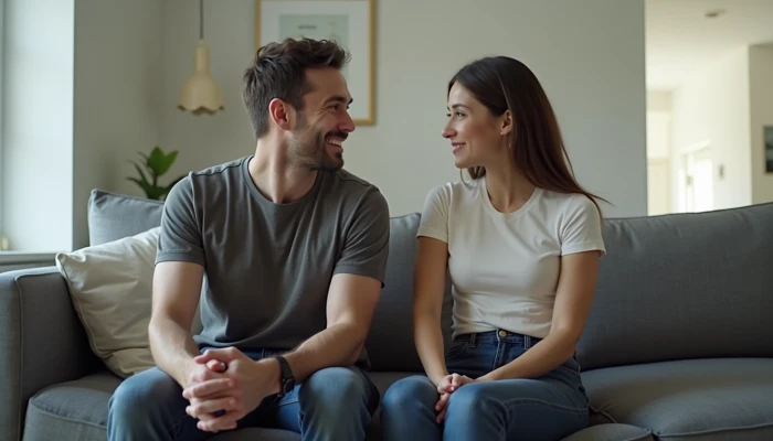 A man and his partner sitting together in a living room