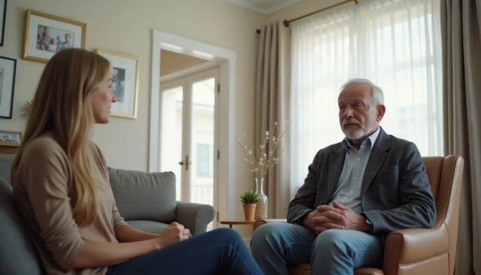 An older man and a younger family member having a conversation in a living room