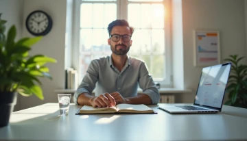 A man in a calm, modern workspace with a journal, plant, and water glass, surrounded by subtle symbols of balance and self-care.