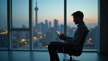A man checking his phone in an office overlooking a city at sunset