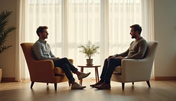 Two chairs facing each other in a minimalist living room, one occupied by a man and the other empty. A potted plant sits on the table between them, with soft lighting creating a warm atmosphere.