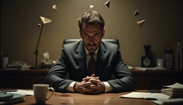 A man sitting at a cluttered desk in a dimly lit office, hands clenched under the table, with abstract shapes in the background indicating emotional withdrawal and stress.