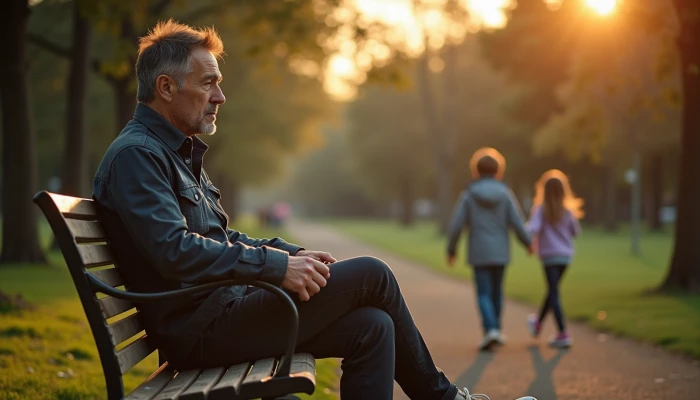 A man watching his children play at a park during sunset