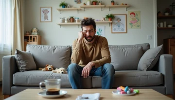 A father sitting alone on a couch in a living room filled with signs of family life