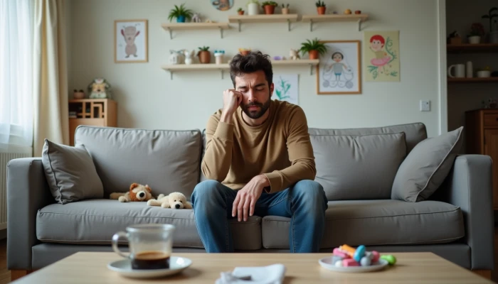 A father sitting alone on a couch in a living room filled with signs of family life