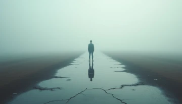 A foggy landscape with a cracked mirror reflecting a distant, blurred silhouette. Shadows and mist create a sense of emotional distance and detachment.