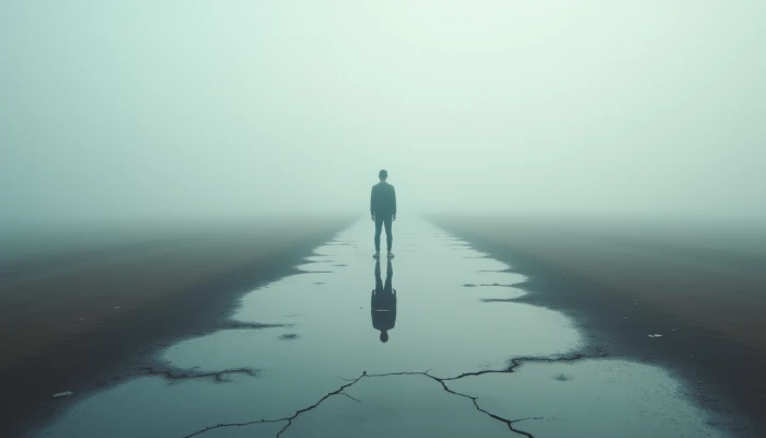 A foggy landscape with a cracked mirror reflecting a distant, blurred silhouette. Shadows and mist create a sense of emotional distance and detachment.