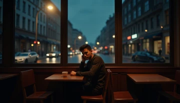 A man sitting alone in a café at night