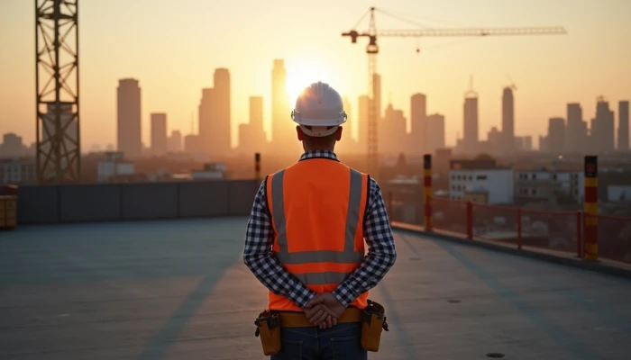 A man standing alone on an empty construction site at dusk