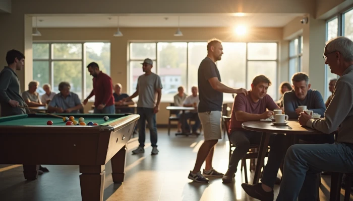 Men socializing and engaging in activities at a community center
