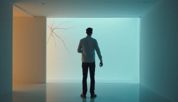 A man stands in a modern room with subtle visual cues suggesting hidden tension, including faint wall cracks and a shadowy clenched fist against a softly lit background.