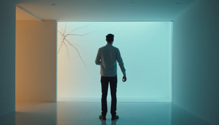 A man stands in a modern room with subtle visual cues suggesting hidden tension, including faint wall cracks and a shadowy clenched fist against a softly lit background.