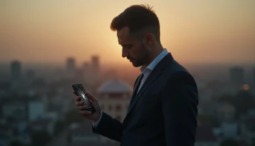 A man in a suit in a blurred cityscape at sunset, holding a cracked phone, with a faint clenched fist and a distant soft glow, indicating hidden stress and potential support.