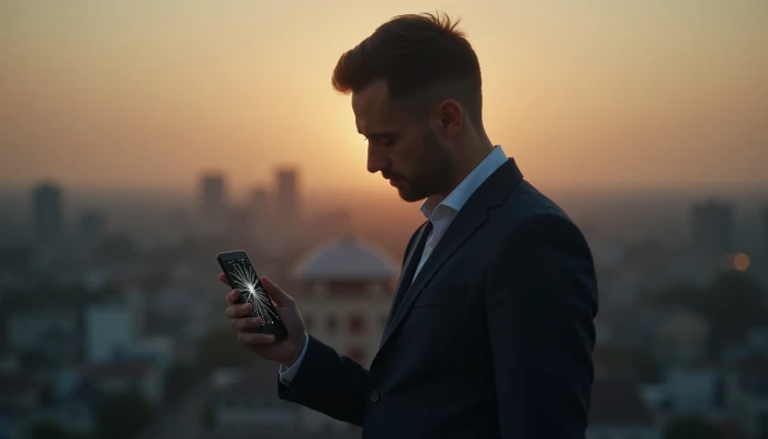 A man in a suit in a blurred cityscape at sunset, holding a cracked phone, with a faint clenched fist and a distant soft glow, indicating hidden stress and potential support.