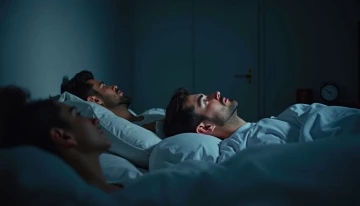 A man lying awake in a quiet bedroom at night