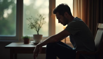 A man in a quiet room with a plant, sitting in a chair under soft lighting, his posture suggesting calm reflection amidst subtle tension.