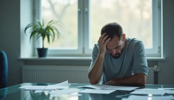 A man in a neutral setting surrounded by abstract symbols of stress and emotional strain, with soft lighting highlighting his posture and the environment.