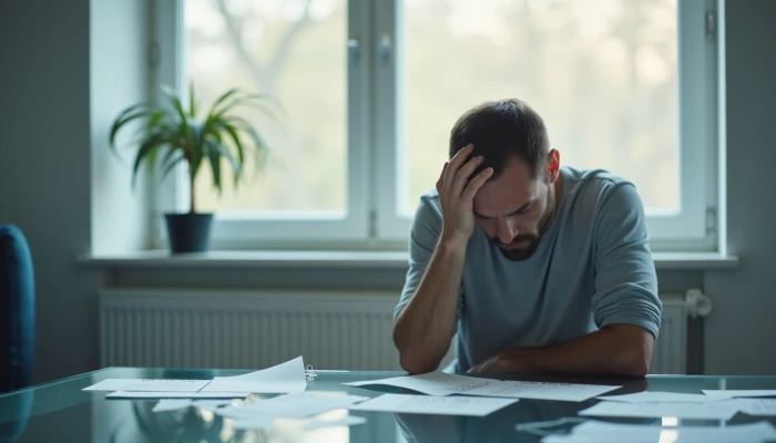 A man in a neutral setting surrounded by abstract symbols of stress and emotional strain, with soft lighting highlighting his posture and the environment.