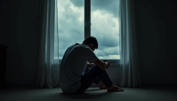 A man in a calm room facing a stormy window, hands on knees, with abstract shadows and soft lighting suggesting internal struggle