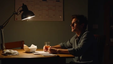 A man sitting alone at a kitchen table with a glass of alcohol