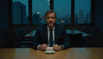 A man sitting at a conference table in a dimly lit room