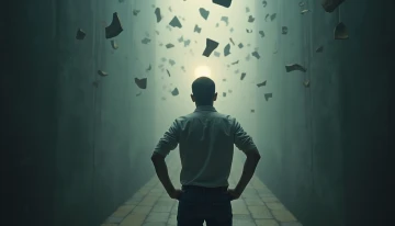 A man in an abstract, dimly lit environment surrounded by fragmented objects, showing emotional weight and stress, with soft lighting and a distant glow indicating hope.