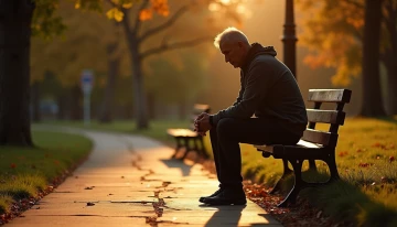 A man sitting on a park bench during sunset, showing subtle signs of tension and emotional weight through posture and environmental details