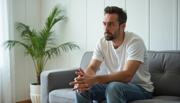 A man sitting alone on a couch in a modern living room