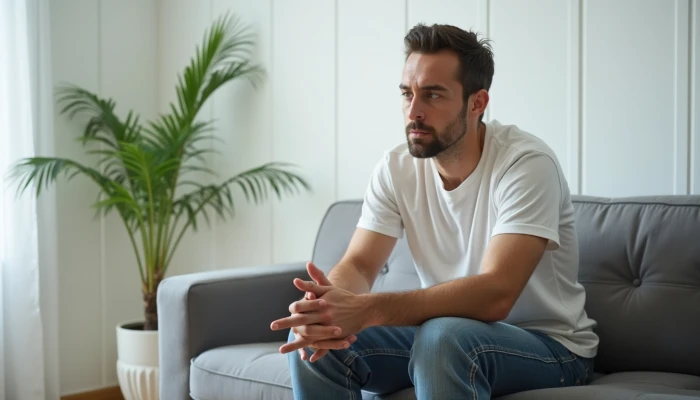 A man sitting alone on a couch in a modern living room