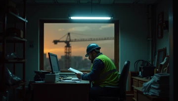 A man in construction gear sitting at a desk in his office at dusk