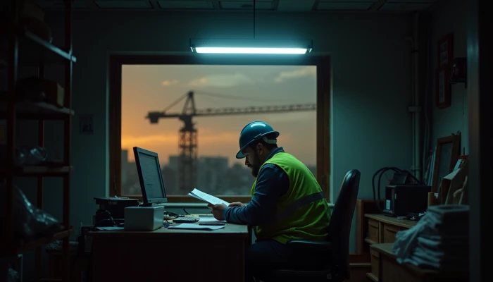 A man in construction gear sitting at a desk in his office at dusk