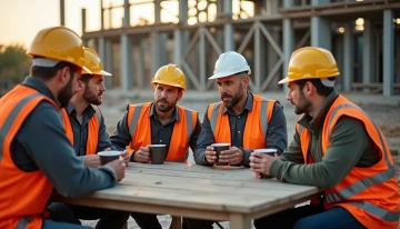 Men in construction gear discussing at a site