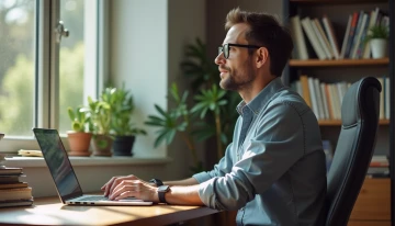 A man taking a break in his home office