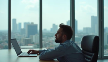 A man sitting at an office desk, looking tired yet thoughtful