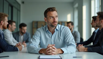 A man in an office setting, lost in thought while colleagues chat around him