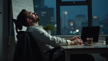 A tired man in a quiet office at night