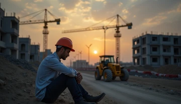 A man sitting alone on a construction site at sunset
