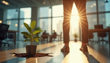A man in a suit standing in a modern office space, with a potted plant growing through cracks in the floor, warm light illuminating the scene