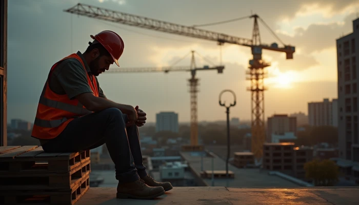 A weary construction worker sitting on pallets, looking at the ground